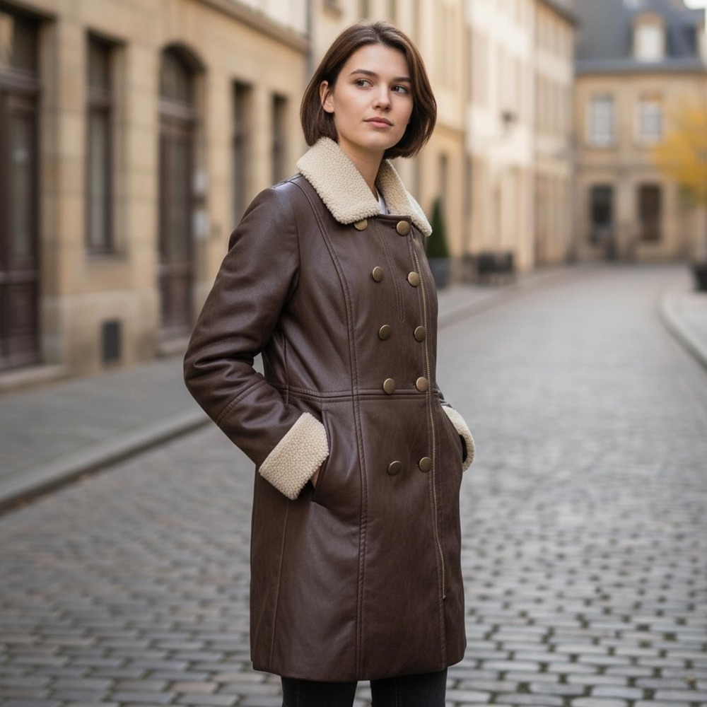 Women's Brown Faux Leather Double-Breasted Coat with faux Sherpa Collar size L